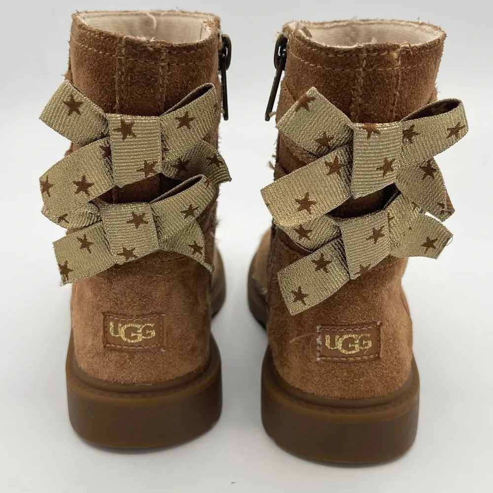 UGG Kids Chestnut Suede Star Bow Ankle Boots Size 9 Toddler